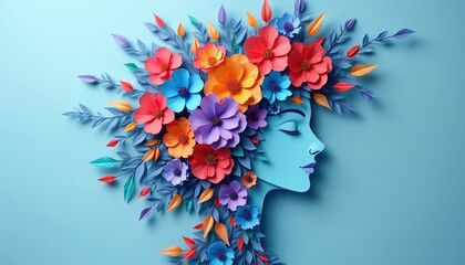 Paper art illustration shows woman face profile. Closed eyes suggest inner peace, calm meditation. Bright colorful paper flowers form hair. Green leaves adorn blue background. Artwork conveys beauty,