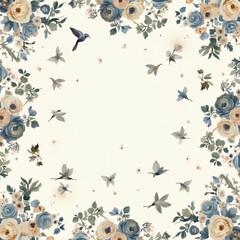 Floral pattern with tiny roses and birds is on white background. Muted colors of blue cream grey. Small scattered flowers, leaves in seamless design. Elegant delicate illustration for fabric decor.