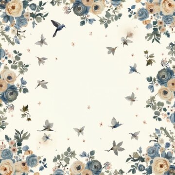 Fototapeta Floral pattern with tiny roses and birds is on white background. Muted colors of blue cream grey. Small scattered flowers, leaves in seamless design. Elegant delicate illustration for fabric decor.