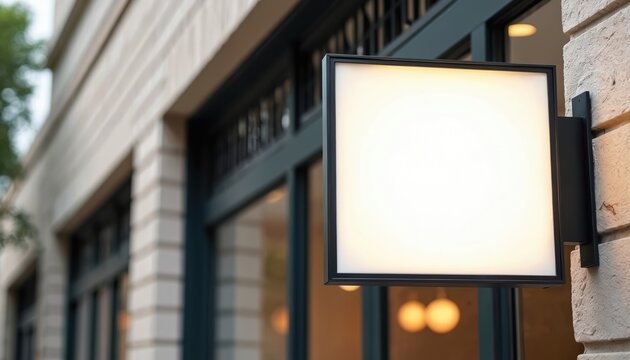 Blank square illuminated storefront sign hangs from modern building exterior brick wall. Empty template perfect for business name logo display. Ideal shop front advertising mockup design concept for - Powered by Adobe