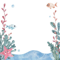 Watercolor underwater frame with seaweed, coral, starfish and cute fish. Marine background with empty space for text. Hand-painted ocean illustration for kids, invitations and cards.