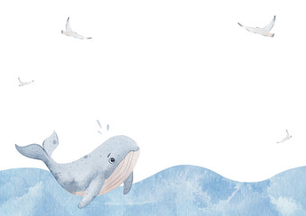 Cute watercolor whale jumping from ocean waves with seagulls in the sky. Marine kids background with empty space for text. Hand-painted nautical illustration for cards, posters and nursery design.