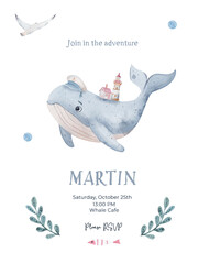 Cute watercolor whale with lighthouse and houses on its back, nautical birthday invitation template with marine elements and text space. Hand-painted ocean-themed kids design.