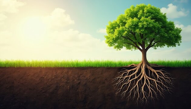 Cross section showing tree with roots in soil above. Sunlight shines on grass and leafy crown. Illustration about concept development or growth process in nature.