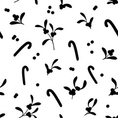 Black white Christmas Holly and Mistletoe pattern