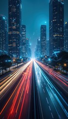Obraz premium Night city skyline view with light trails on freeway. Urban landscape shows modern architecture, advanced tech, electric mobility, future transportation in big city. Smart city concept with