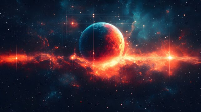 Cosmic planet ablaze with vibrant nebulae and stellar backdrops. A celestial dance of fiery colors meets cool blues in this abstract trend background. A cosmic wonder.