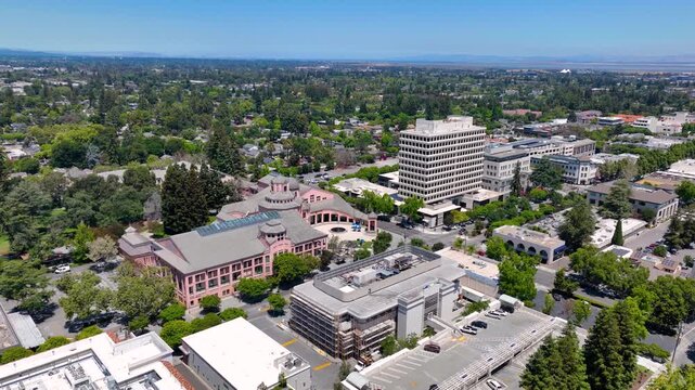 Mountain View historic city center aerial view on Mercy Street including City Hall and Center for the Performing Arts, Mountain View, California CA, USA. 