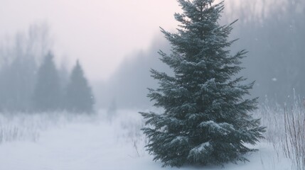 Fototapeta premium Snow covered pine tree stands in a field