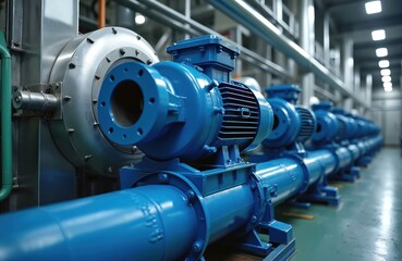 Obraz premium Line of blue industrial chill water pumps and large metal pipes in modern factory. Machinery provides cooling for air conditioning system in building.