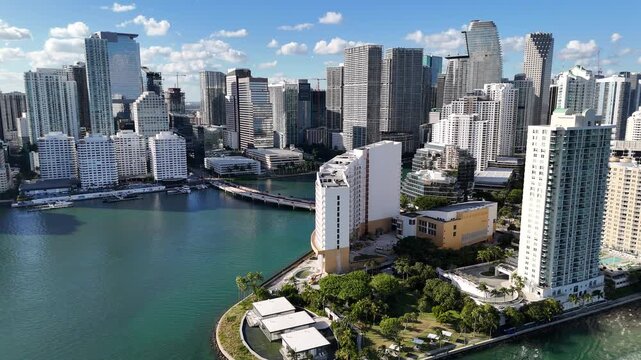 Aerial drone footage of downtown Miami skyline over Biscayne Bay