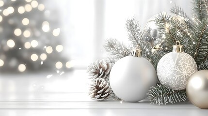 White Christmas ornaments and frosted pine cones arranged with snowy evergreen branches, creating a bright, elegant winter holiday composition ideal for seasonal designs.