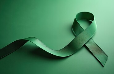 Green ribbon lies on green surface. Sign means symbolic support to lymphoma awareness or kidney cancer. Ribbon used for health awareness campaigns, charity and solidarity events. Copy space.