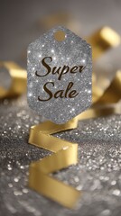 A glittery silver sale tag with the text 'Super Sale' on a sparkling background. Golden ribbon curls around the tag, creating a festive atmosphere for holiday shopping.