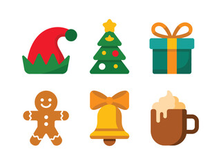 A collection of festive holiday icons including an elf hat, Christmas tree, gift, gingerbread man, bell, and hot cocoa.