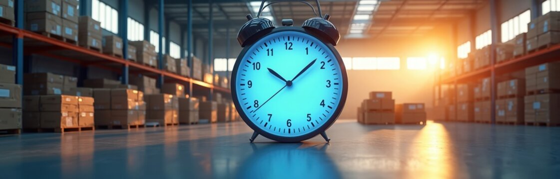 Alarm clock in warehouse with boxes. Time concept illustration for delivery logistics storage. Boxes on shelves time management and deadline in a storage business.