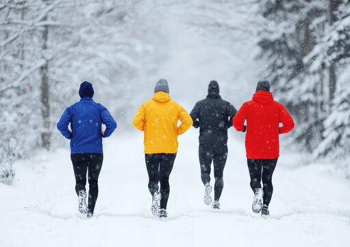 Group of four vibrant runners is exercising, enjoying a winter run along a snowy forest path during falling snowflakes