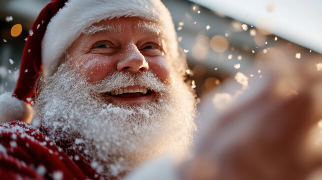 A cheerful Santa Claus with a snowy beard and bright smile is joyfully spreading festive cheer while playful snowflakes swirl around him, capturing the essence of holiday spirit.
