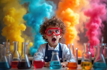 Young boy with curly hair, red safety goggles looks surprised. Observes colorful chemical reaction with bright smoke clouds. Kid learns science, exploring lab experiment with liquid solutions.