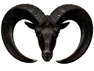 Black ram's head with massive curled horns, dark imposing mood, isolated on transparent background
