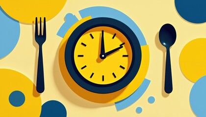 Yellow clock shows meal time with fork, spoon. Black eating utensils flank clock face. Blue, yellow abstract circles decorate background. This design illustrates healthy eating schedules, diet plans.