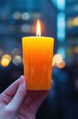Hand holding a yellow burning candle, symbolizing hope, remembrance, and spirituality with warm light and bokeh background