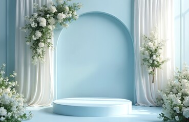 Elegant empty stage setup with light blue walls white curtains. Beautiful floral decorations around. Minimal platform background scene is perfect for product display or wedding ceremony event.