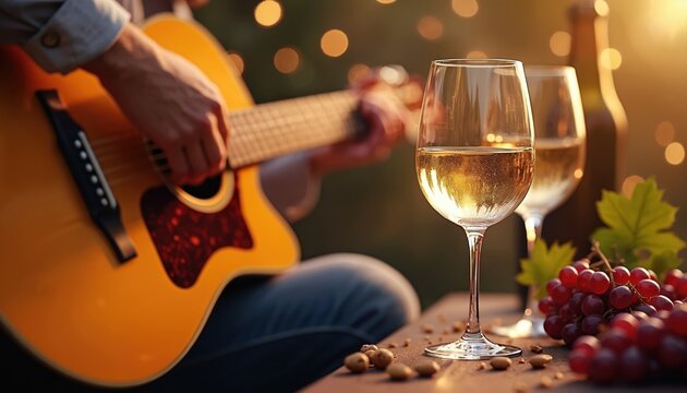 Man plays acoustic guitar next to wine glasses and grapes. Evening light glows on table. Refreshing white wine and music for relaxing leisure time. - Powered by Adobe
