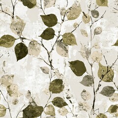 Naklejka premium Seamless pattern with distressed olive and beige leaves on branches, creating a rustic background for textile, print, or wallpaper design.
