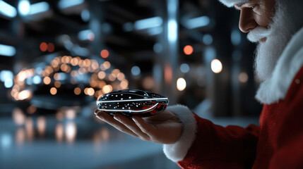 A fascinated Santa Claus admires a sleek, futuristic object in his hand, beautifully blending the joy of Christmas with the marvels of modern technology and innovation.