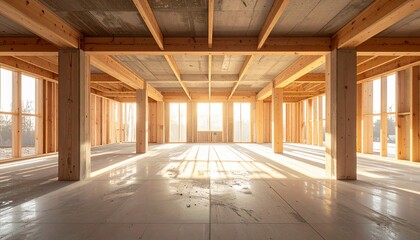 Fototapeta premium Architectural interior view of a modern wooden structure under construction with sunlight