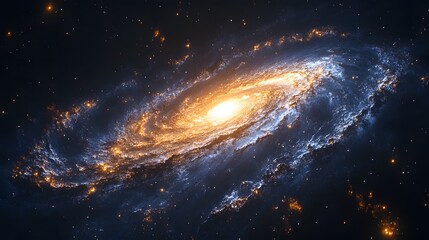 Fototapeta premium Spectacular spiral galaxy radiating light and color across deep space. Bright core transitions to blue-white arms with nebulous regions and golden stars. Abstract Trend Background.