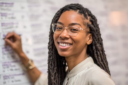 African American woman life coach smiling brightly, pointing at whiteboard, wearing clear glasses. - Powered by Adobe