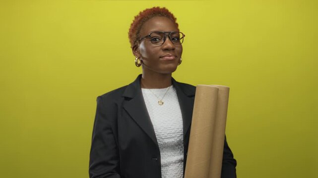 Woman architect standing and holding rolled blueprints in studio by yellow wall; ambition confidence.