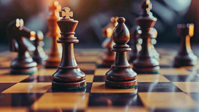 Chess pieces on board in strategic arrangement