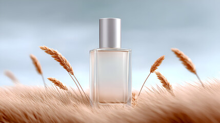 A sleek, soft-toned perfume bottle with a matte silver cap is nestled in a field of warm golden grasses and wheat stalks. The mood is natural, gentle, and earthy, ideal for organic or vegan cosmetics.
