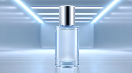 A clear glass skincare bottle with a glossy silver cap stands in a futuristic, sterile tunnel illuminated by bright blue neon lights. The mood is clean, clinical, and scientific, ideal for advanced fo
