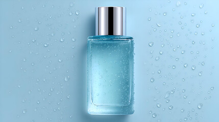 A sleek blue cosmetic bottle with a metallic cap is covered in fresh water droplets against a light blue background. The mood is pure, deeply hydrating, and cooling, ideal for aquatic skincare product