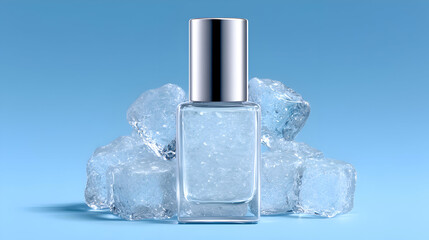 A clear cosmetic bottle with a silver cap sits among a pile of icy cubes on a vibrant blue background. The mood is extremely cool, refreshing, and crisp, perfect for hydration or cooling skincare prod
