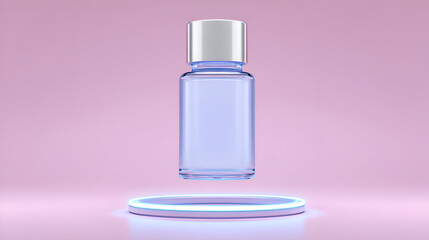 A sleek, transparent cosmetic bottle with a silver cap hovers above a glowing blue-pink neon pedestal. The atmosphere is futuristic, minimal, and clean, conveying advanced skincare technology.Cosmetic