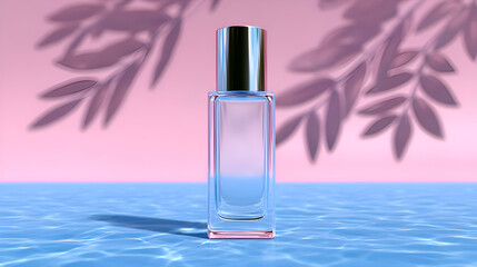 A clear glass perfume bottle with a metallic cap stands on a vibrant blue water surface. Pink background and leafy shadows create a playful, fresh, and summery mood, ideal for light fragrance.