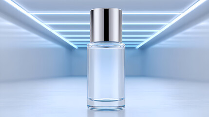 A flawless transparent rollerball bottle with a chrome cap stands in a pristine, futuristic tunnel with cool blue neon light strips. The mood is sterile, advanced, and pure.