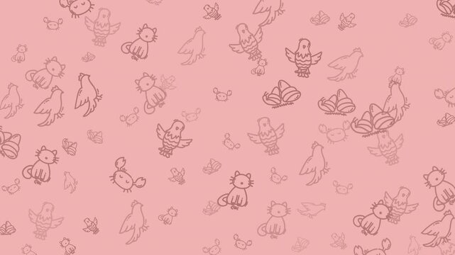 Cute, hand-drawn animal doodles forming a Seamless Pattern on a pink background