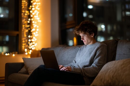 Young man with curly hair sits on comfy sofa, typing on laptop at night, festive lights glow.