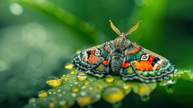 Vibrant moth perched on dewy leaf, with detailed wing patterns