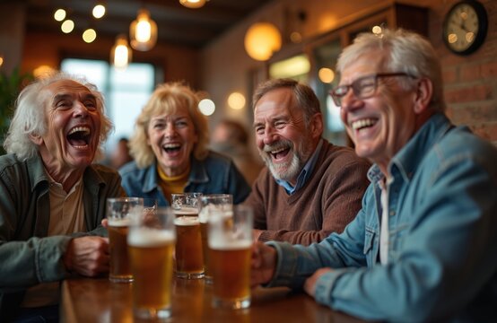 Four happy senior friends laugh loud together in cozy pub. Share beers, enjoying fun social evening out. Elderly people great time, celebrate friendship. Two men, one woman enjoy conversation. - Powered by Adobe
