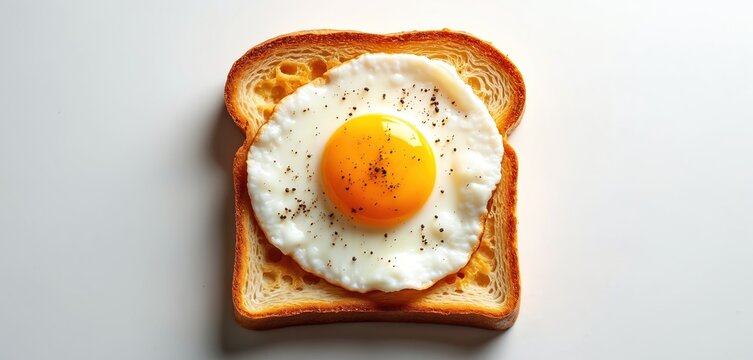 Top view shot of fried egg on toasted bread slice isolated against white background. Simple breakfast meal ready to eat. Fresh cooked food with black pepper. - Powered by Adobe