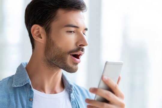 Young man closely examines smartphone, shows surprise with widely open mouth, reacting to content.