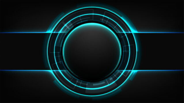 Futuristic dark technology background with vibrant cyan blue glowing circular HUD interface and abstract digital concentric rings for data and communication concepts