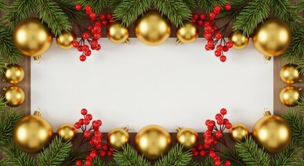 Christmas frame with golden baubles and red berries